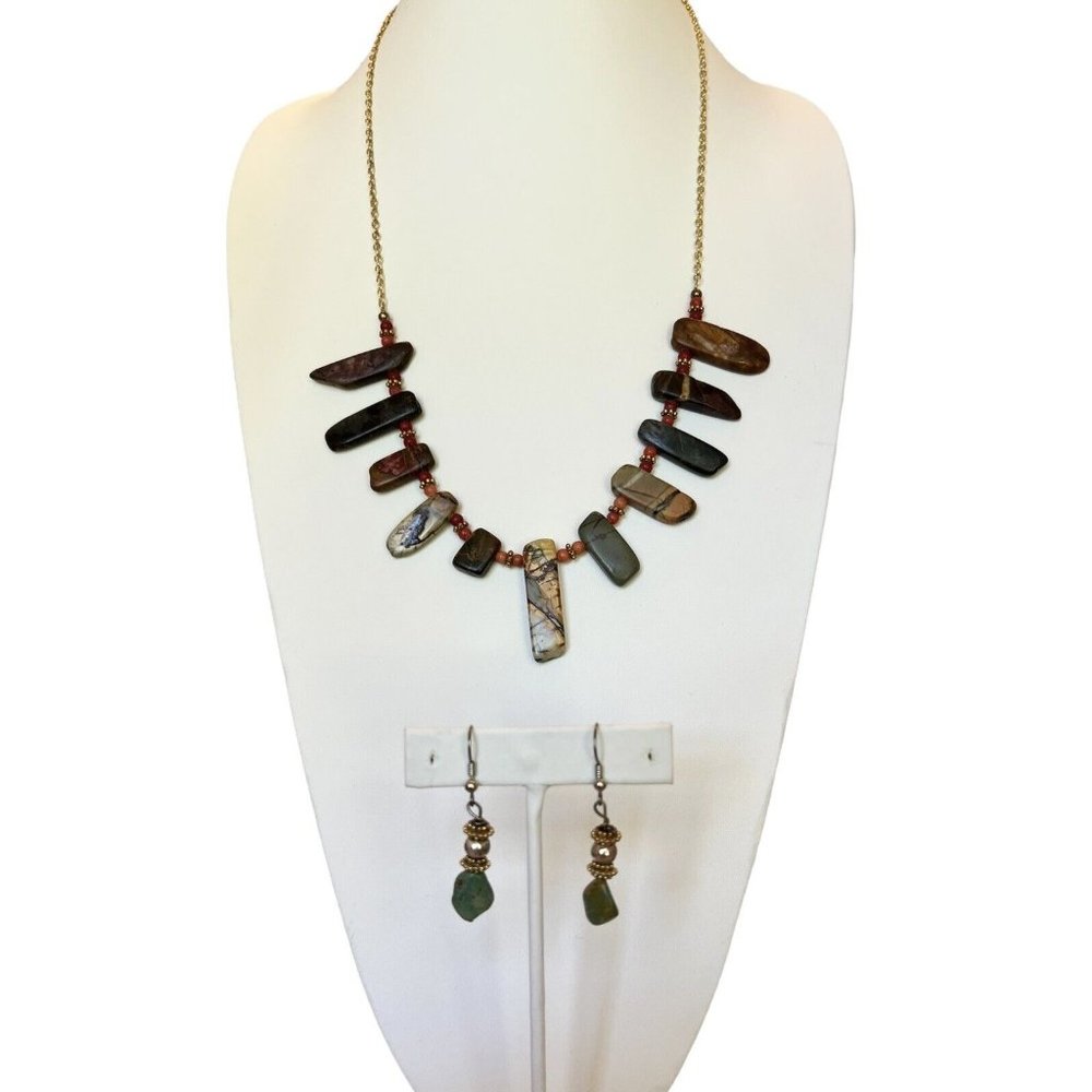 Jasper Multi-Colored Stone Beaded Boho Rock Beads Necklace & Earrings